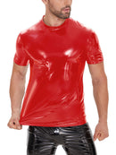 Galabris Men's Shiny Leather T-Shirt Short Sleeve Causal Crew Neck Shirt -255