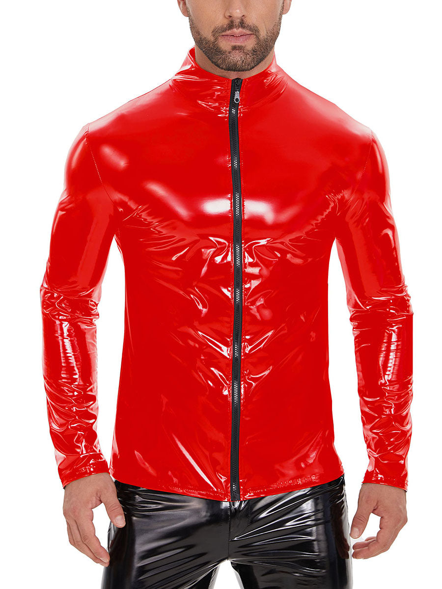Galabris Men’s Faux Leather Full-zip Jacket Shiny Slim Fit Stretch Top-260
