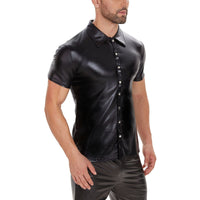 Galabris Men's Patent Leather Shirt Short Sleeve Basic Lapel T-Shirts -254