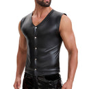 Mens Soft Stretch Leather Tank Tops, Sexy Button Up V-Neck Vest Pocket, Back Buckled Casual Solid Cami Shirt
