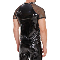 Galabris Men's Shiny Leather T-Shirt Mesh Short Sleeve Half-zip Tops -251
