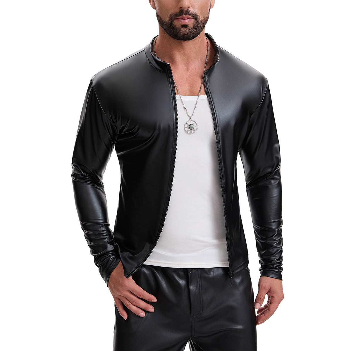 Mens Shiny Soft Leather Stand Collar Jacket Sexy Full Zipper Long Sleeve Shirts Solid Slim Fitted Stretch Tops