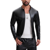 Mens Shiny Soft Leather Stand Collar Jacket Sexy Full Zipper Long Sleeve Shirts Solid Slim Fitted Stretch Tops