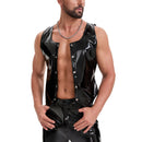 Men's Shiny Leather Tank Top, Sexy Slim Fit Crewneck Vest, Wetlook Casual Button Motorcycle Jacket Solid