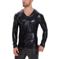 Galabris Men's V-Neck Long Sleeve T-shirt PU Leather Shirt Clubwear-259
