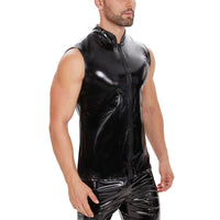Galabris Men's Shiny Leather Casual Shirt Sleeveless Full Zipper -241