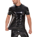 Galabris Men's Shiny Leather T-Shirt Short Sleeve Causal Crew Neck Shirt -255