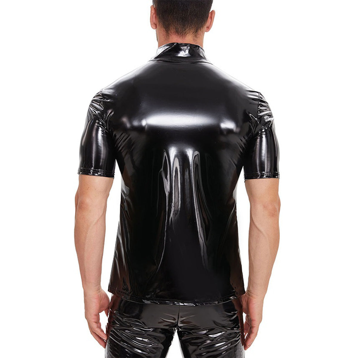 Galabris Men's Shiny Leather Shirt Short Sleeve Full Zipper Causal Coat -250