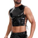 Mens Glossy Leather Cropped Tank Top, Sexy Drawstring Pullover Cami Vest, Slim Fitted Motorcycle Jacket Party