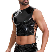 Mens Glossy Leather Cropped Tank Top, Sexy Drawstring Pullover Cami Vest, Slim Fitted Motorcycle Jacket Party
