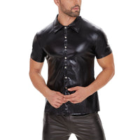 Galabris Men's Patent Leather Shirt Short Sleeve Basic Lapel T-Shirts -254
