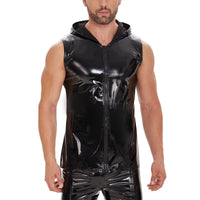 Galabris Men's Shiny Leather Tank Top Hoodies Shirts Sleeveless -246