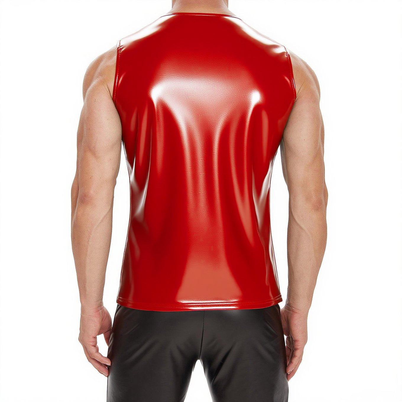 Mens Glossy Leather V-Neck Tank Top Sexy Lace Up Slim Fitting T-Shirts Wetlook Solid Stretch Casual Tops Adjustable