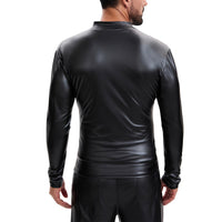 Mens Shiny Soft Leather Stand Collar Jacket Sexy Full Zipper Long Sleeve Shirts Solid Slim Fitted Stretch Tops