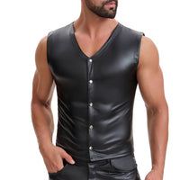 Mens Soft Stretch Leather Tank Tops, Sexy Button Up V-Neck Vest Pocket, Back Buckled Casual Solid Cami Shirt