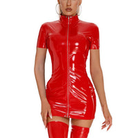 Women's Sexy Faux Leather Dress Full-Zip Short Sleeve Skirt-265