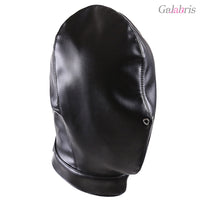 Black PU Leather Bondage Hood Full Head Sensory Deprivation Mask-003