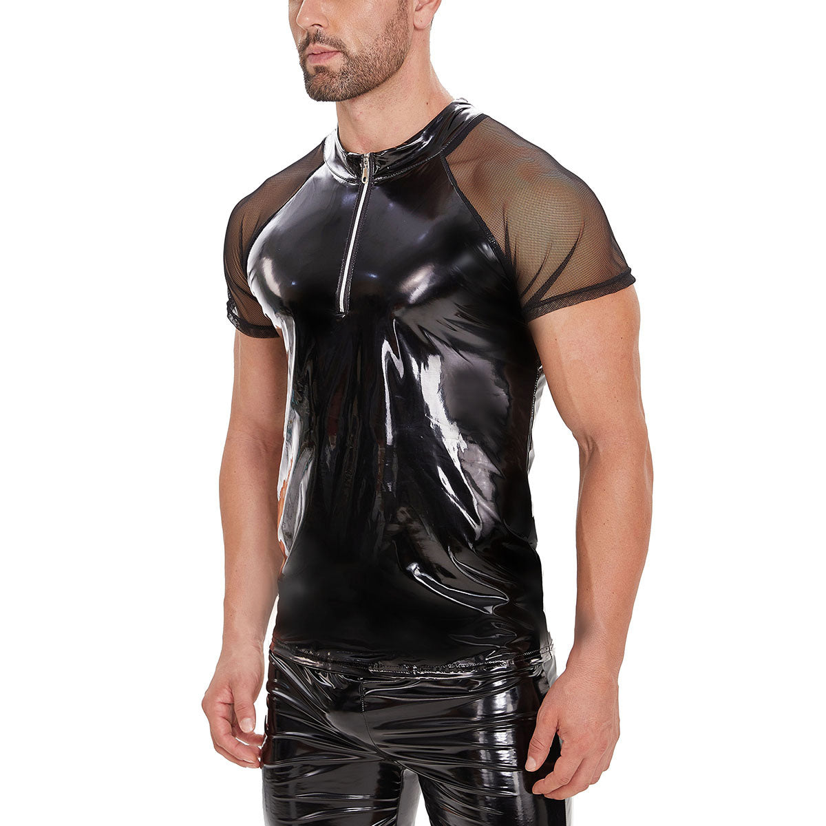 Galabris Men's Shiny Leather T-Shirt Mesh Short Sleeve Half-zip Tops -251