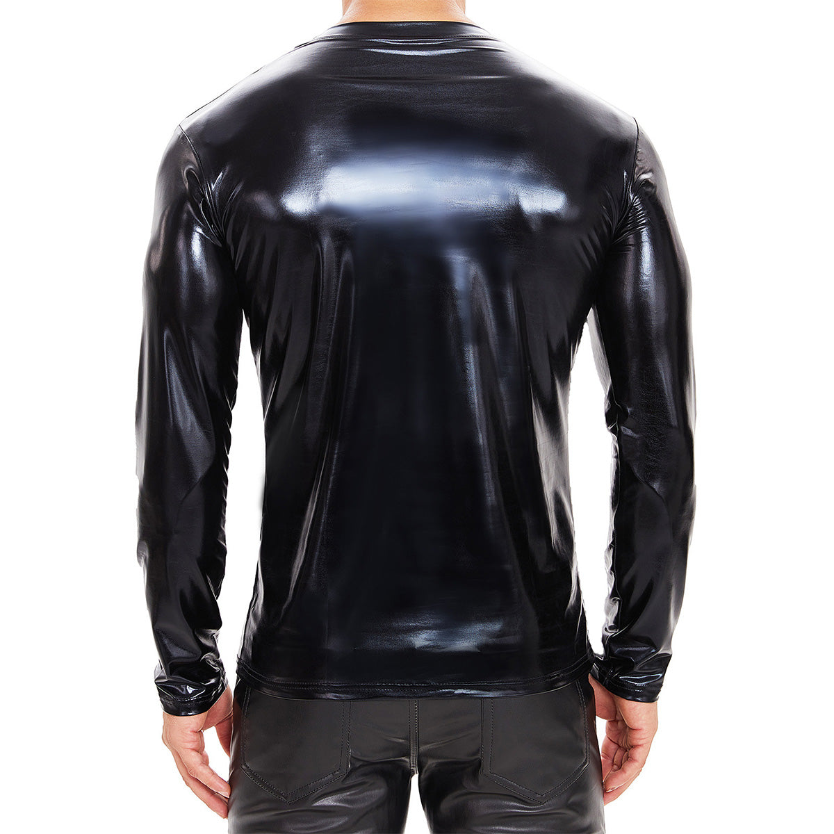 Galabris Men's V-Neck Long Sleeve T-shirt PU Leather Shirt Clubwear-259