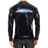 Galabris Men's V-Neck Long Sleeve T-shirt PU Leather Shirt Clubwear-259