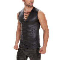 Galabris Men's Faux Leather Sleeveless Lace-Up Tank Top Muscle Shirt  -248
