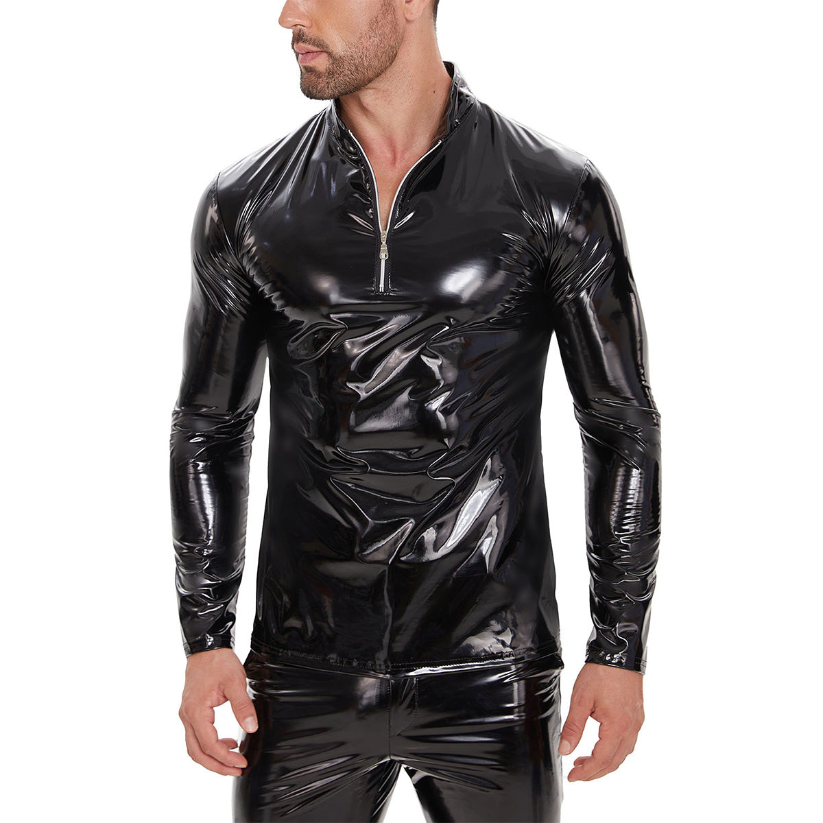 Galabris Men's Shiny Leather Shirt Long Sleeve Slim Fit Casual Tops -257