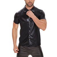 Galabris Men's Patent Leather Shirt Short Sleeve Basic Lapel T-Shirts -254