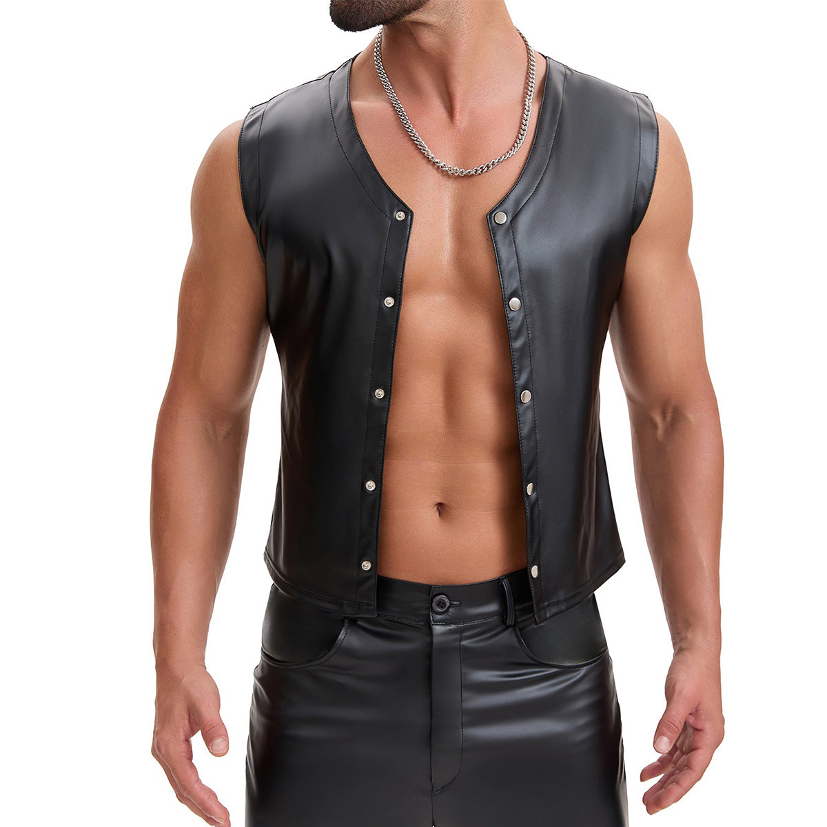 Mens Soft Stretch Leather Tank Tops, Sexy Button Up V-Neck Vest Pocket, Back Buckled Casual Solid Cami Shirt
