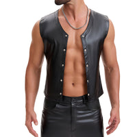 Mens Soft Stretch Leather Tank Tops, Sexy Button Up V-Neck Vest Pocket, Back Buckled Casual Solid Cami Shirt