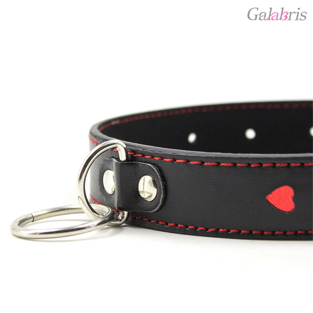 PU Leather Heart Cutout Collar with Chain Leash Adjustable BDSM Choker-015