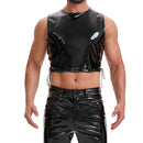 Mens Glossy Leather Cropped Tank Top, Sexy Drawstring Pullover Cami Vest, Slim Fitted Motorcycle Jacket Party