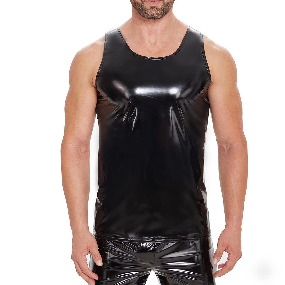 Galabris Men's Shiny Leather Tank Top Black Sleeveless Sexy T-shirt Clubwear-242