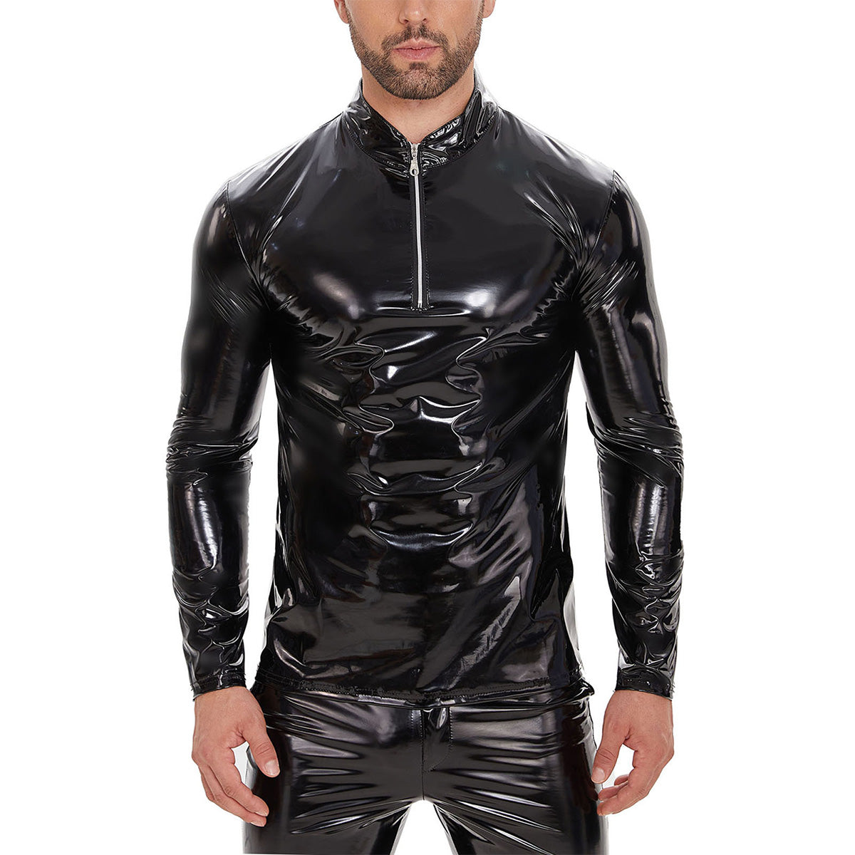 Galabris Men's Shiny Leather Shirt Long Sleeve Slim Fit Casual Tops -257