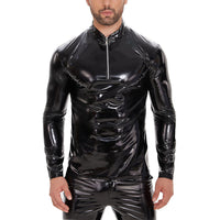 Galabris Men's Shiny Leather Shirt Long Sleeve Slim Fit Casual Tops -257