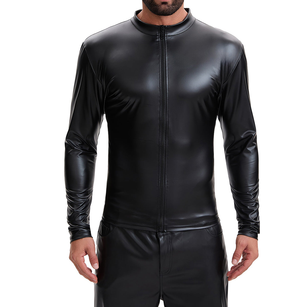 Mens Shiny Soft Leather Stand Collar Jacket Sexy Full Zipper Long Sleeve Shirts Solid Slim Fitted Stretch Tops