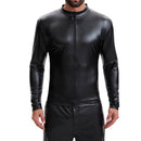 Mens Shiny Soft Leather Stand Collar Jacket Sexy Full Zipper Long Sleeve Shirts Solid Slim Fitted Stretch Tops