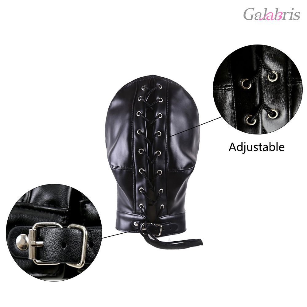 Black PU Leather Bondage Hood Full Head Sensory Deprivation Mask-003