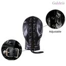 Black PU Leather Bondage Hood Full Head Sensory Deprivation Mask-003
