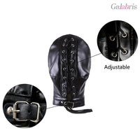 Black PU Leather Bondage Hood Full Head Sensory Deprivation Mask-003