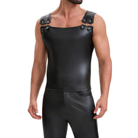Men's Soft Matte Leather Tank Top, Shiny Trim Shoulder Strap Jacket, Slim Fit Casual Stretch Vest Solid