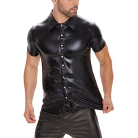 Galabris Men's Patent Leather Shirt Short Sleeve Basic Lapel T-Shirts -254