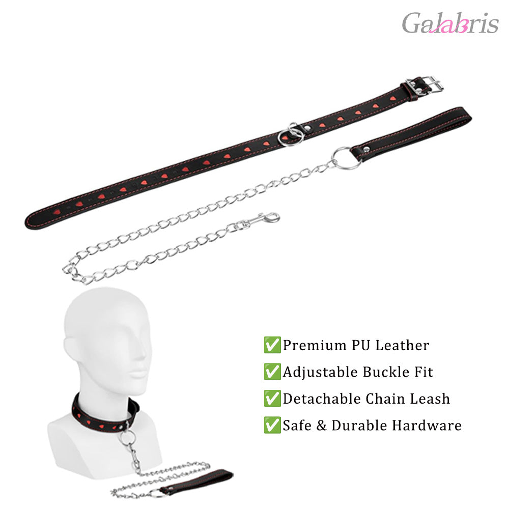 PU Leather Heart Cutout Collar with Chain Leash Adjustable BDSM Choker-015