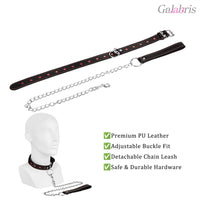 PU Leather Heart Cutout Collar with Chain Leash Adjustable BDSM Choker-015