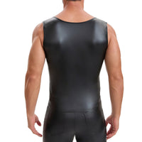 Men's Soft Matte Leather Tank Top, Shiny Trim Shoulder Strap Jacket, Slim Fit Casual Stretch Vest Solid