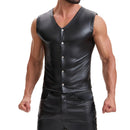 Mens Soft Stretch Leather Tank Tops, Sexy Button Up V-Neck Vest Pocket, Back Buckled Casual Solid Cami Shirt