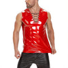 Mens Glossy Leather V-Neck Tank Top Sexy Lace Up Slim Fitting T-Shirts-261