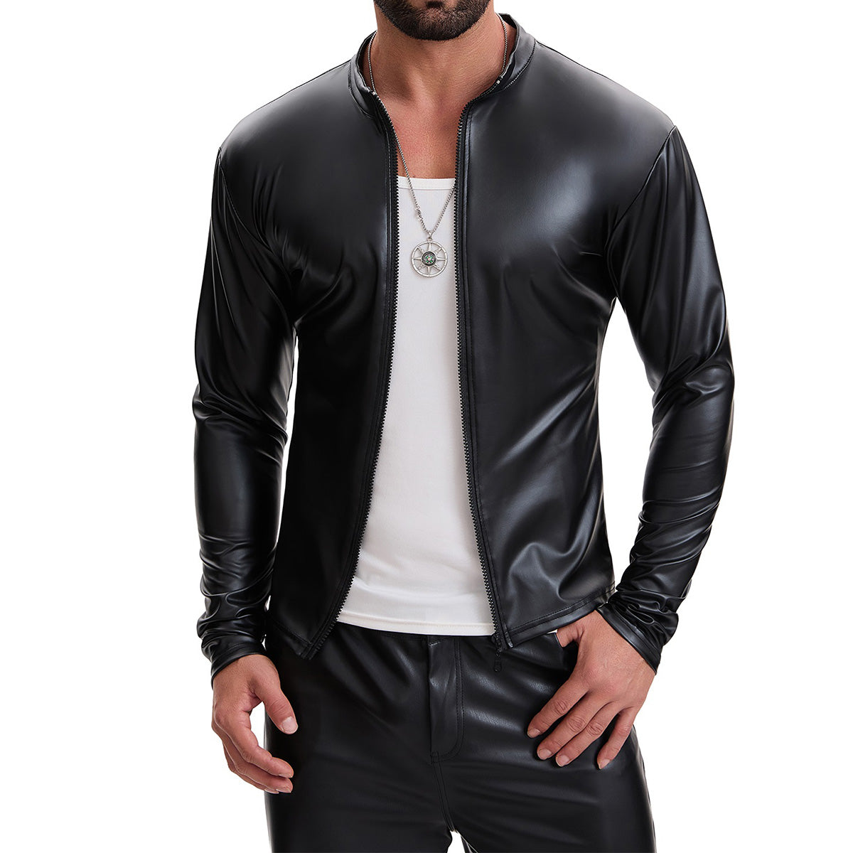 Mens Shiny Soft Leather Stand Collar Jacket Sexy Full Zipper Long Sleeve Shirts Solid Slim Fitted Stretch Tops