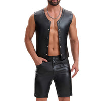 Mens Soft Stretch Leather Tank Tops, Sexy Button Up V-Neck Vest Pocket, Back Buckled Casual Solid Cami Shirt