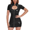 Women's Wetlook Leather Bodycon Short Sleeve Zipper Pencil Dress-262