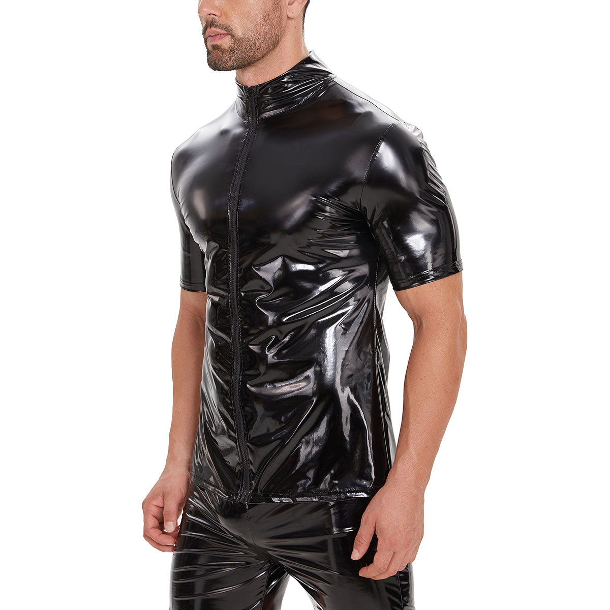 Galabris Men's Shiny Leather Shirt Short Sleeve Full Zipper Causal Coat -250